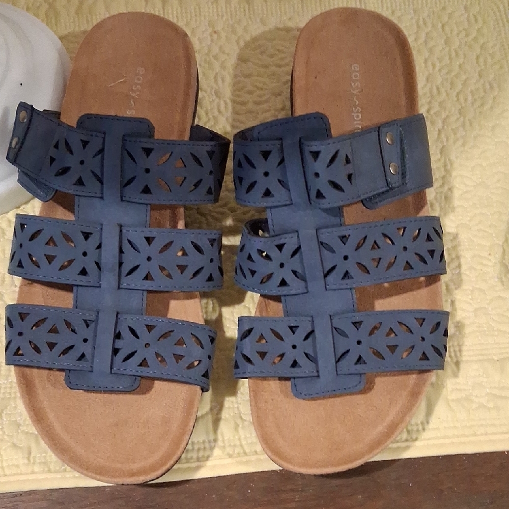 Easy Spirit Navy Blue Laser-Cut Triple Strap Slide Sandals Size 9W